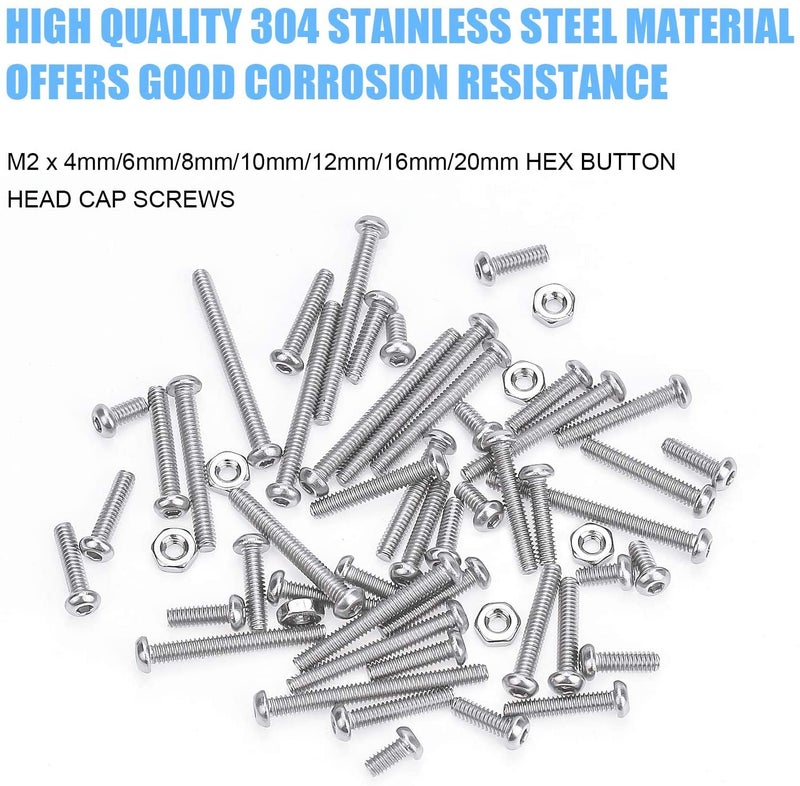 DYWISHKEY 310 Pieces M2 x 4mm/6mm/8mm/10mm/12mm/16mm/20mm, Stainless Steel 304 Hex Button Head Cap Bolts Screws Nuts Kit with Hex Wrench - Image 2